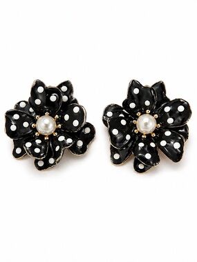 Black & White Polka Dot Flower Earrings w/ Faux Pearl Center Gold Tone – Bold